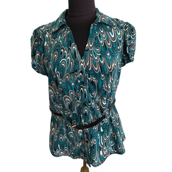 Bay Studio Career Top Teal Black White Abstract Print Short Sleeve Belted Blouse - Picture 1 of 7